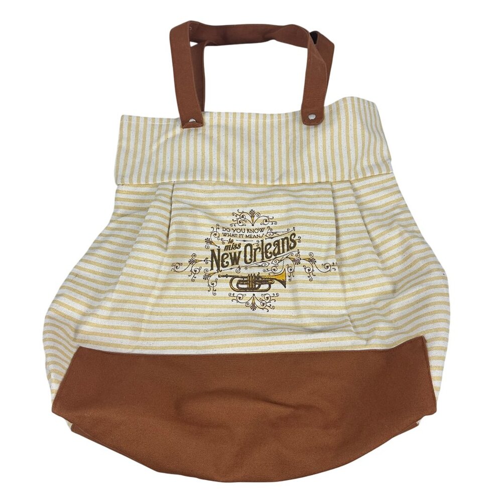 New Orleans Striped Canvas Tote Bag With Brass Instrument Print